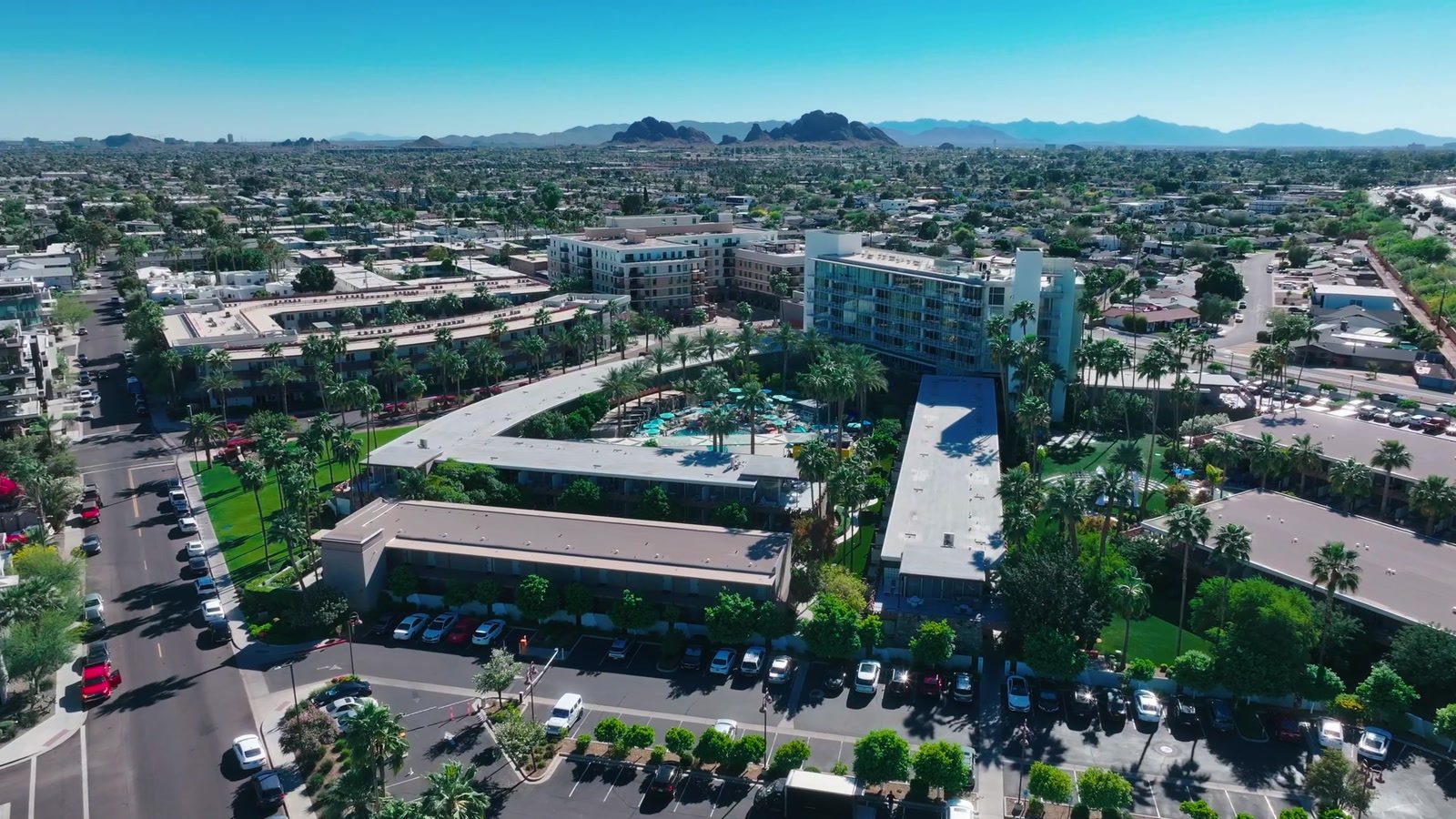 Aerial view of Hotel Valley Ho, its long low wings wrapping the pool courtyard in Old Town Scottsdale